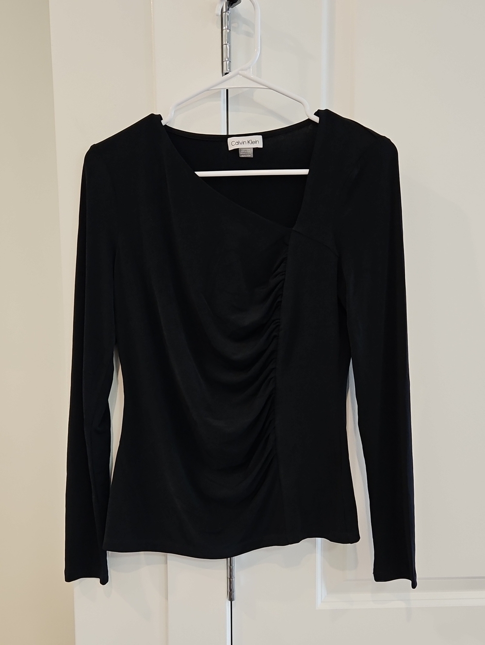 Calvin Klein Black Long Sleeve Ruched Asymmetric Neck Top